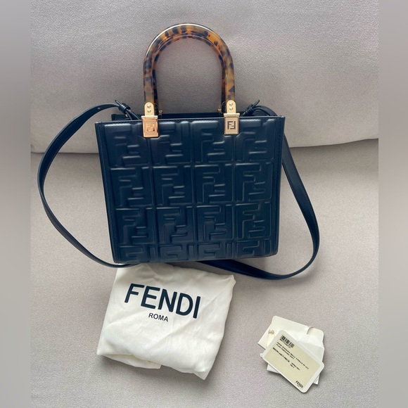 Authentic Fendi Sunshine Small black Embossed Tote with Tortoiseshell Handles - Picture 12 of 13